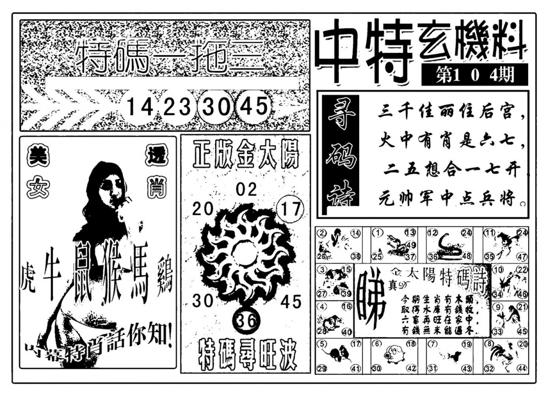 六合彩104期中特玄机料(新图)(黑白)
