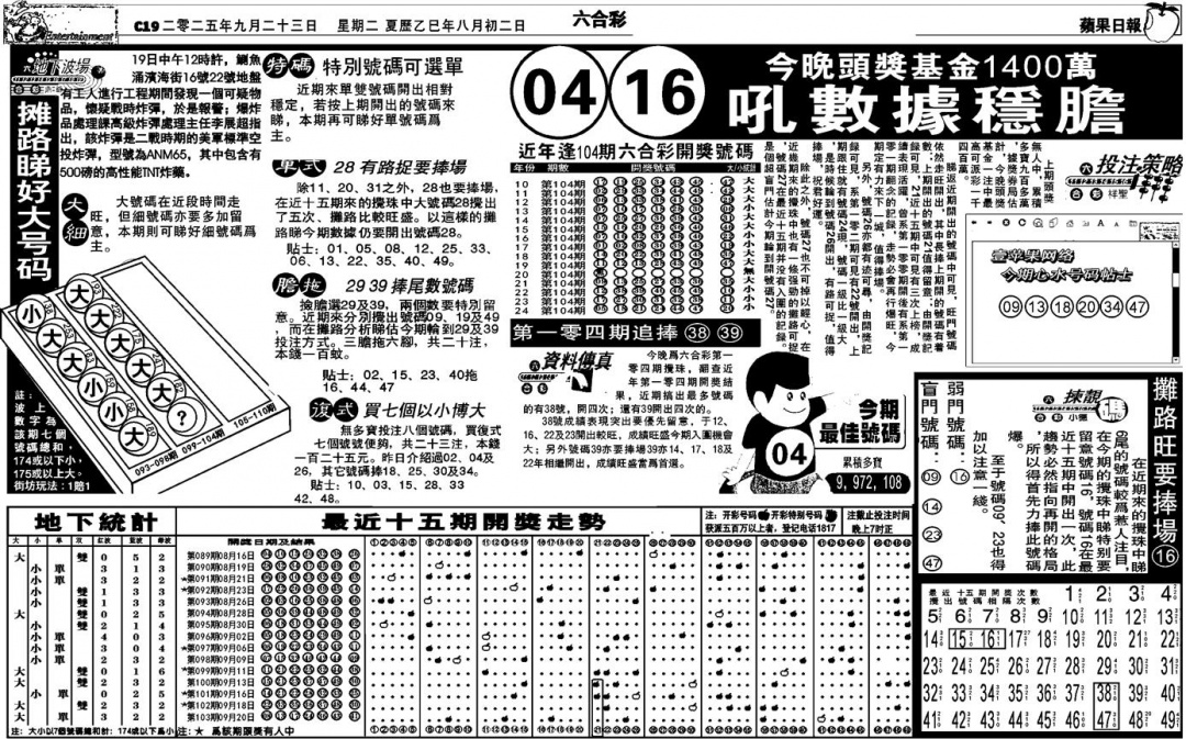 六合彩104期老版苹果日报(黑白)