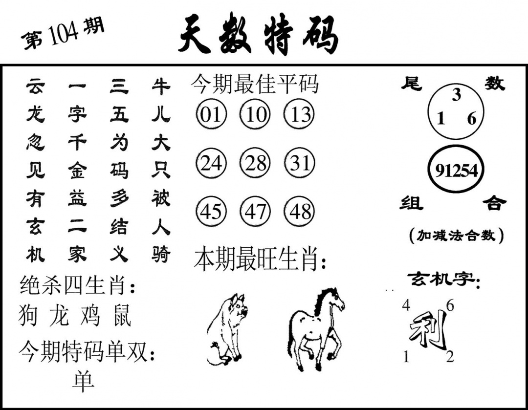 六合彩104期天数特码(黑白)
