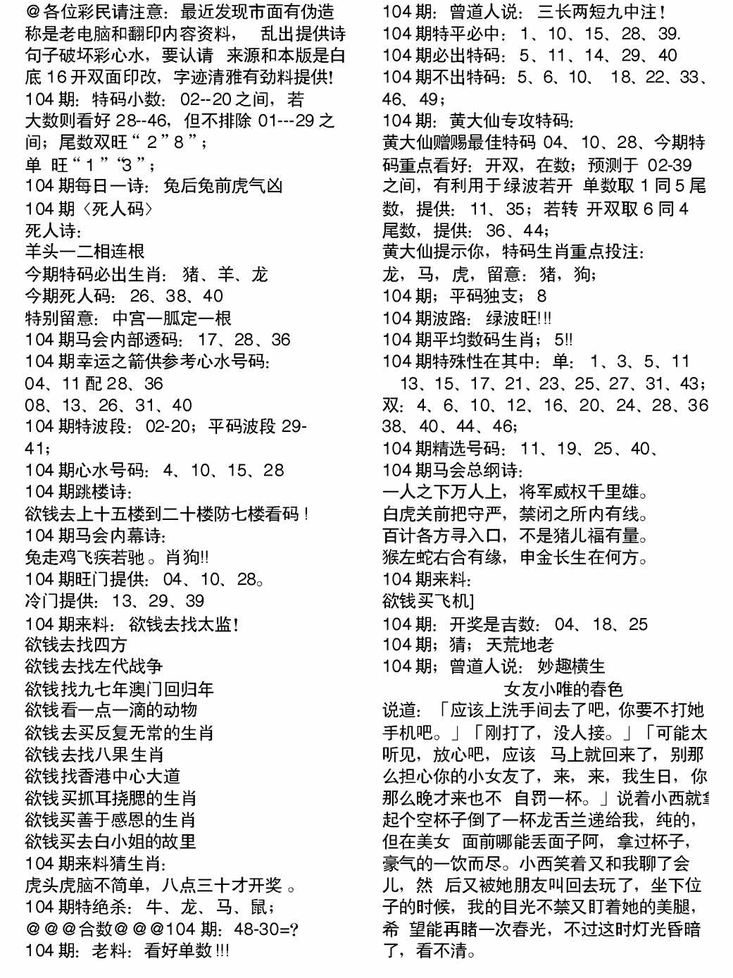 六合彩104期当日电脑综合资料B(黑白)