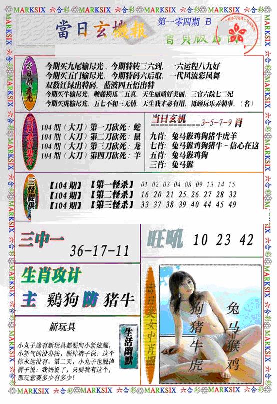 六合彩104期当日特码玄机B(新)(黑白)