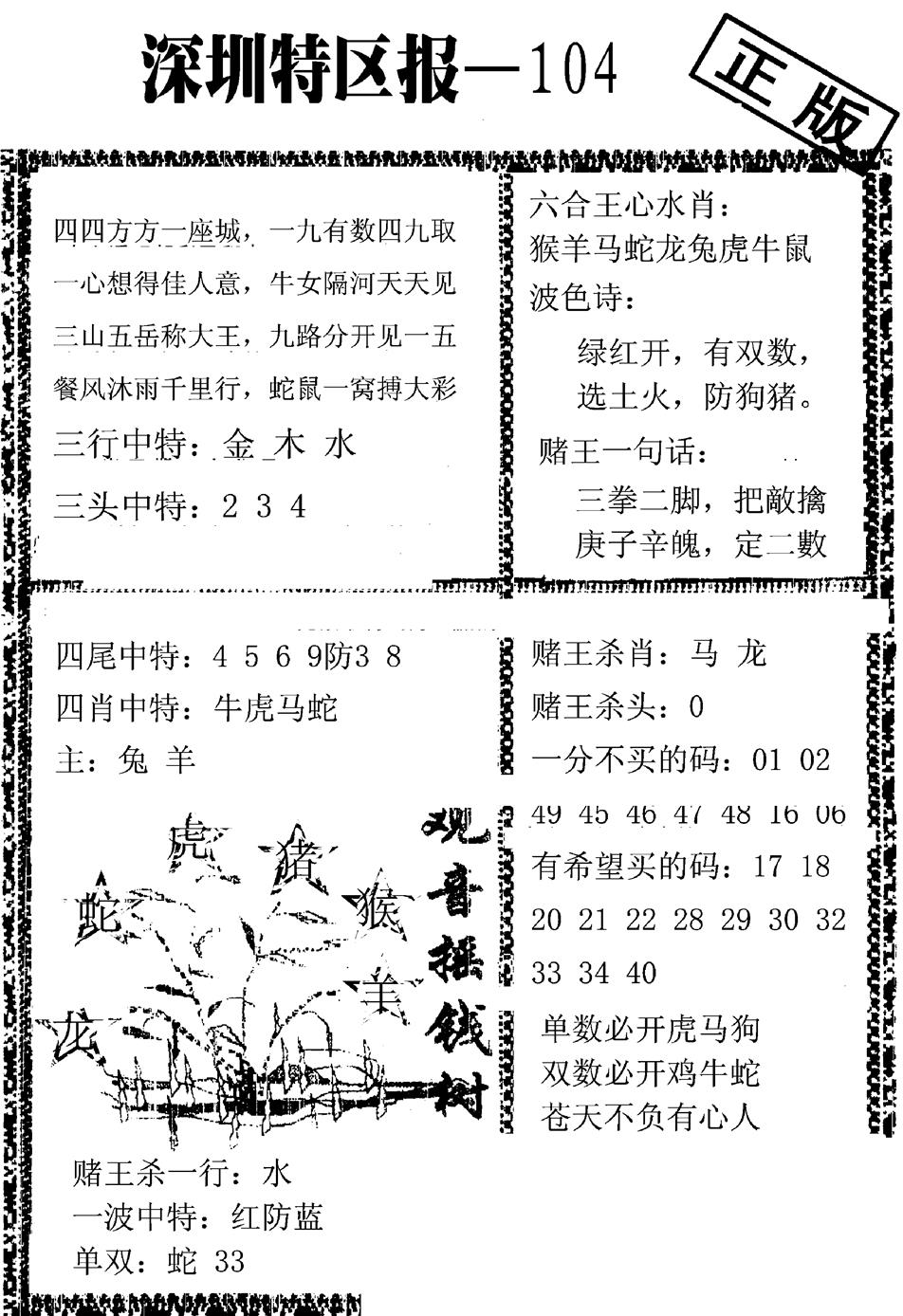 六合彩104期深圳特区报A(黑白)