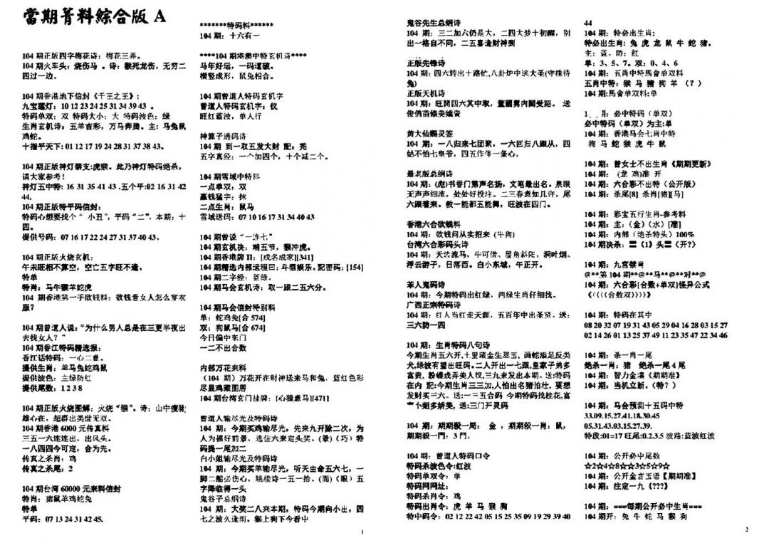 六合彩104期投资指南(黑白)