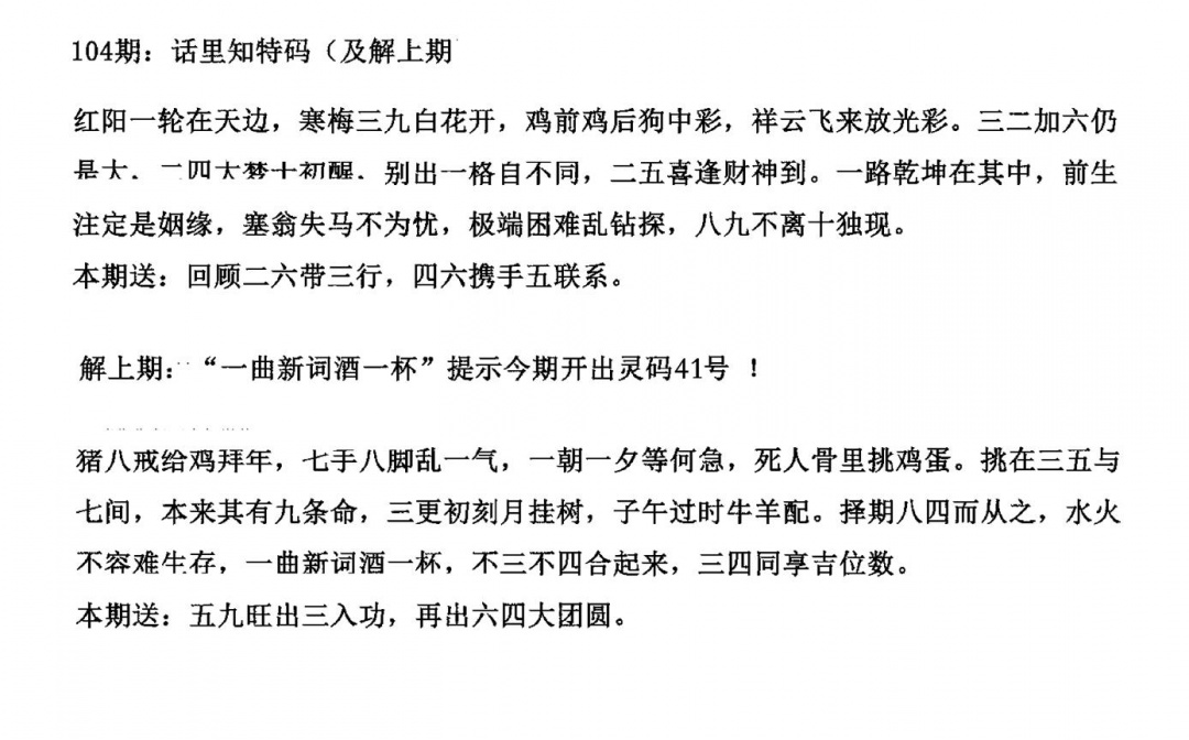 六合彩104期话里知特码(黑白)