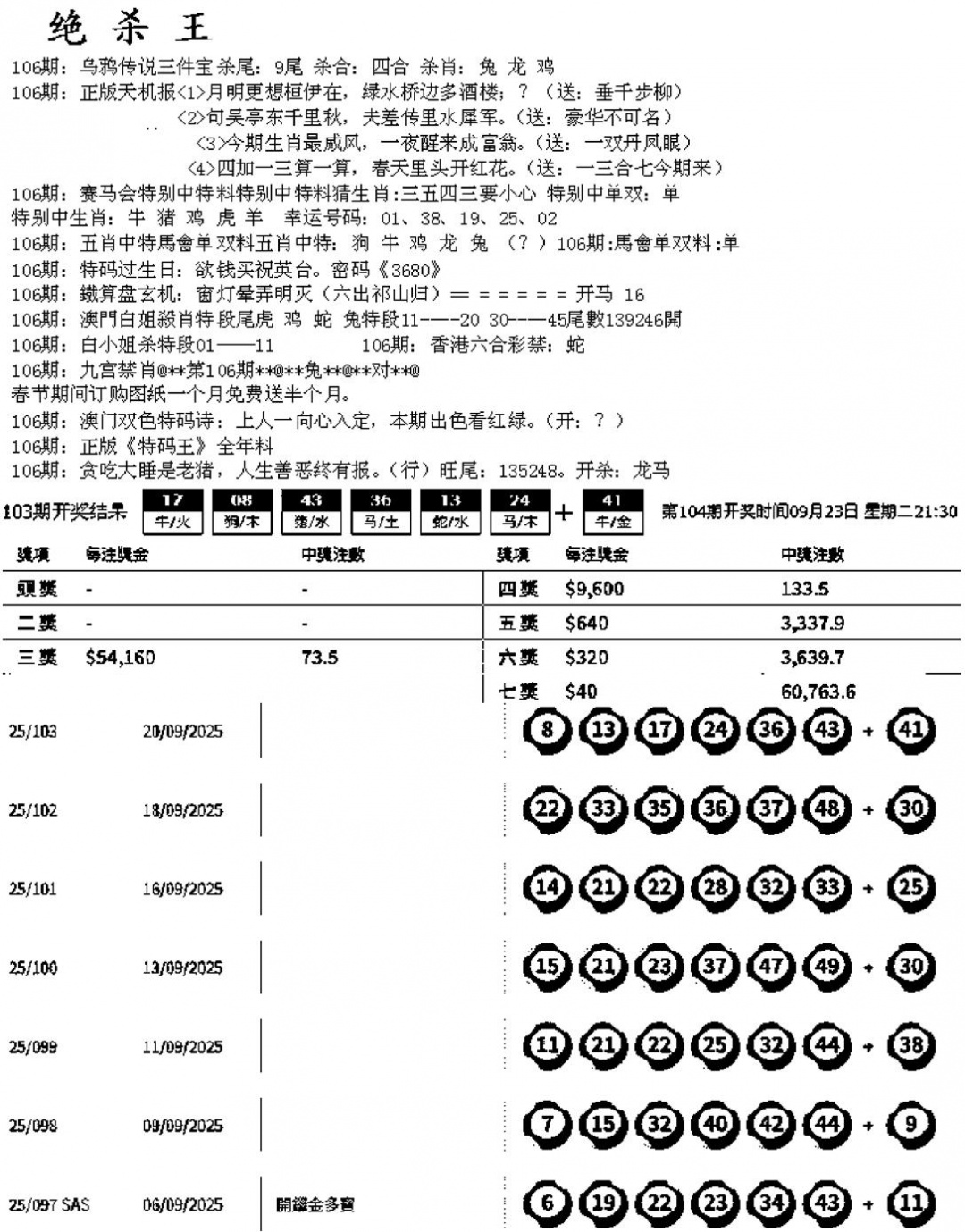 六合彩104期蓝天报B(黑白)