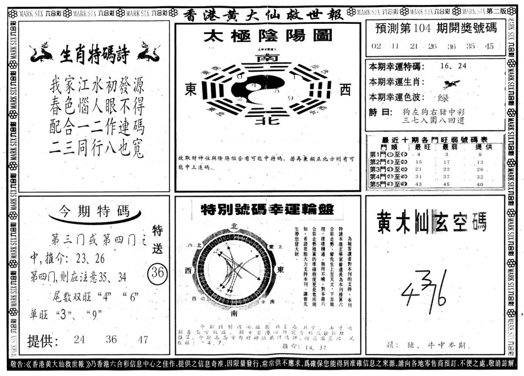 六合彩104期另版香港黄大仙B(黑白)