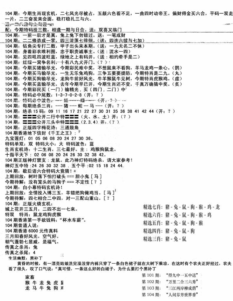 六合彩104期独家正版福利传真(新料)B(黑白)