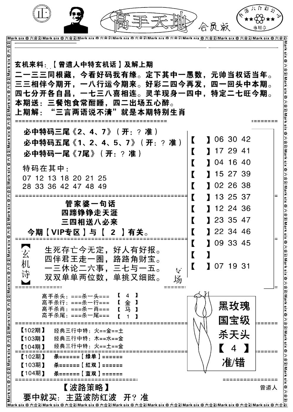 六合彩104期高手天地(黑白)