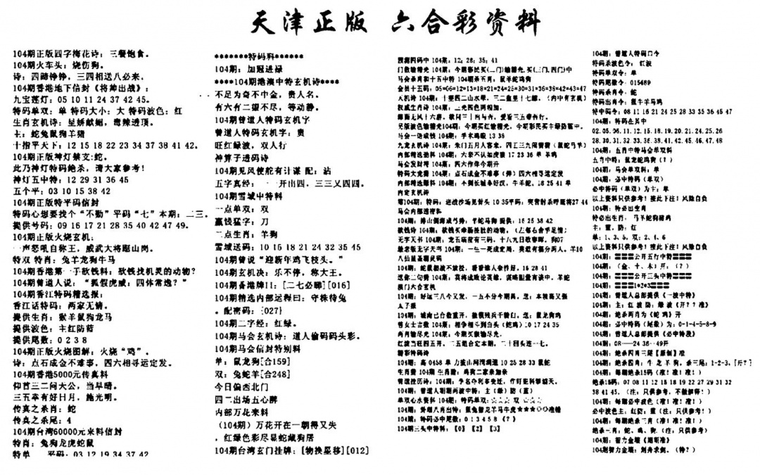 六合彩104期天津正版六合彩资料(黑白)