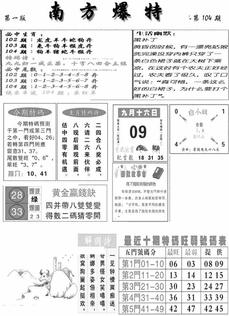 六合彩104期南方爆特A(新图)(黑白)
