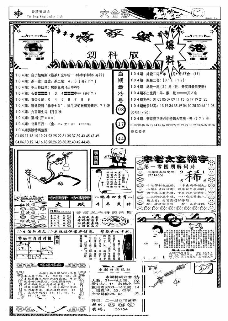 六合彩104期管家婆劲料版(另)(黑白)