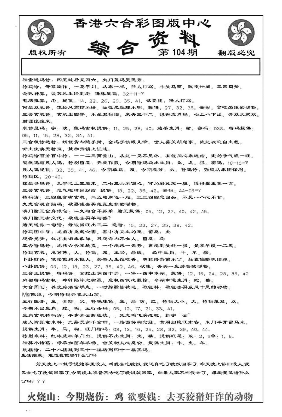 六合彩104期内部综合资料(特准)(黑白)