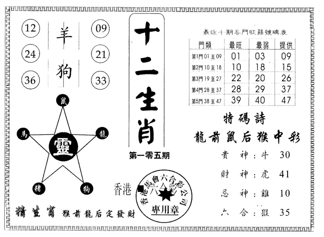 六合彩105期十二生肖(黑白)