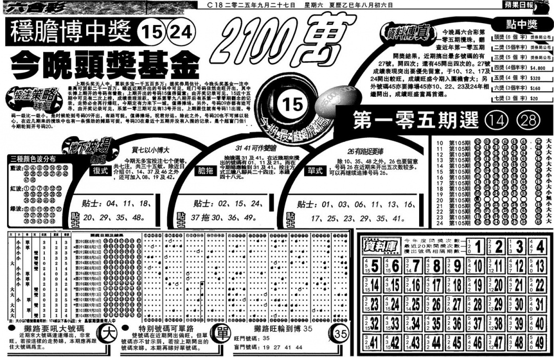 六合彩105期当日苹果日报(黑白)