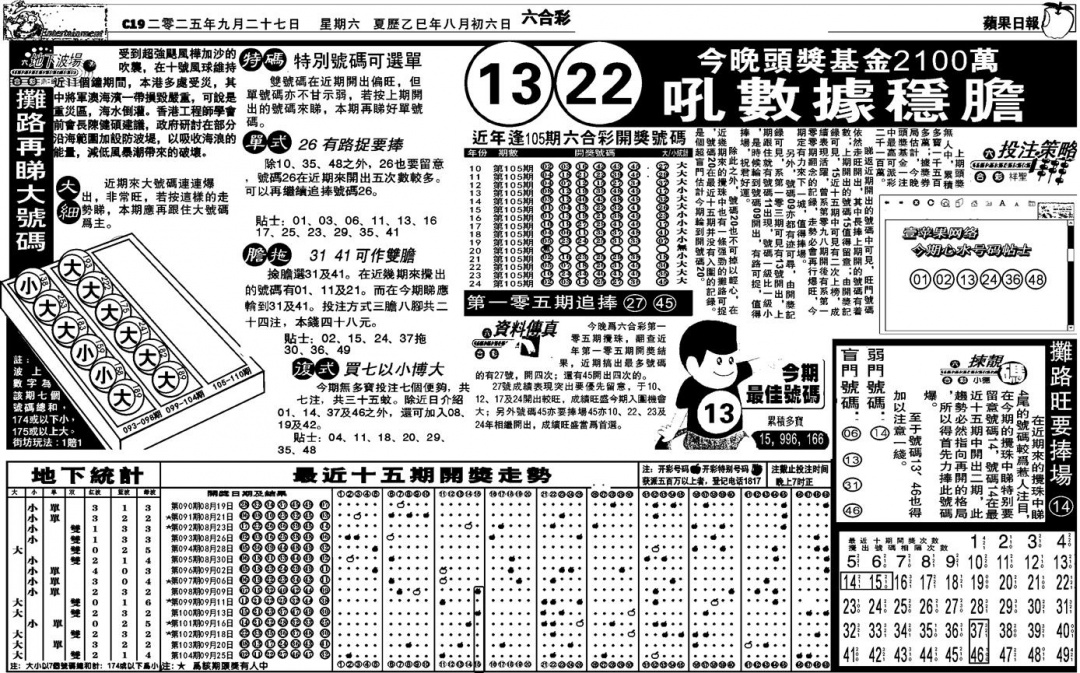 六合彩105期老版苹果日报(黑白)