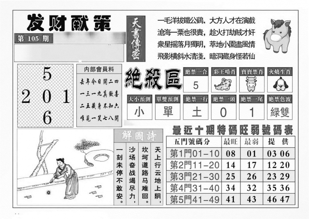 六合彩105期发财献策(特准)(黑白)