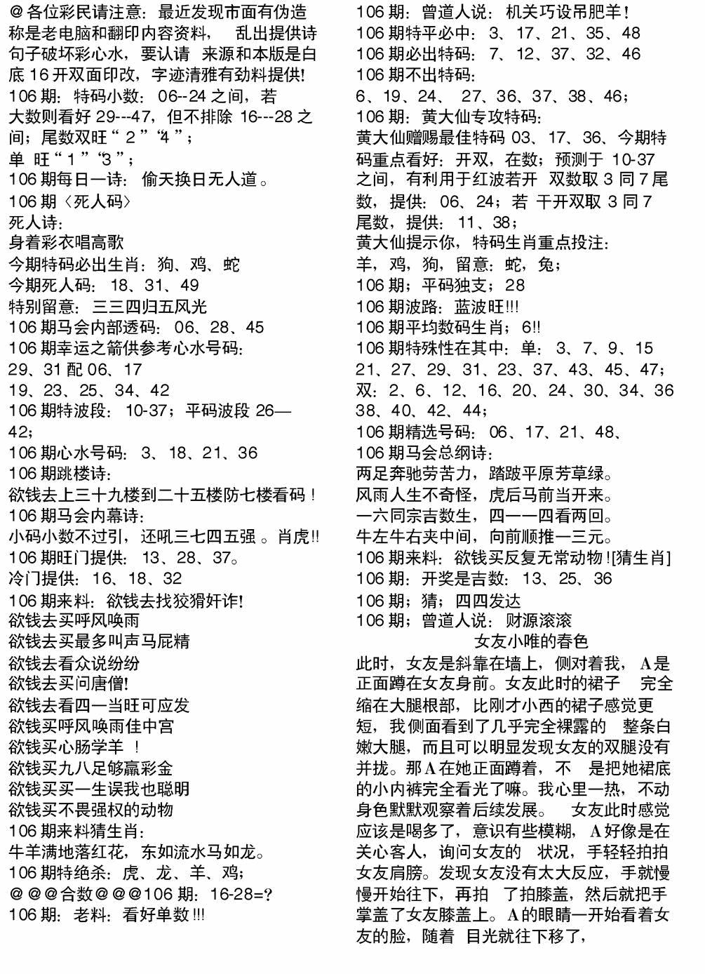 六合彩106期当日电脑综合资料B(黑白)