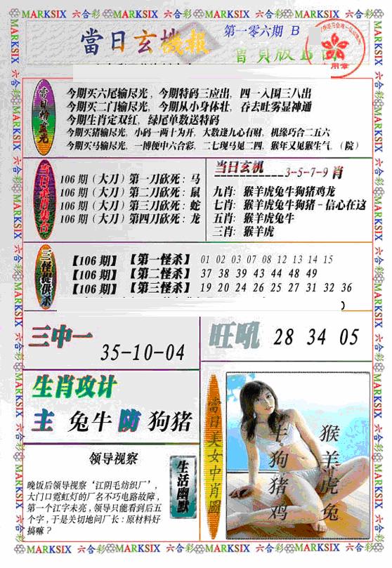 六合彩106期当日特码玄机B(新)(黑白)