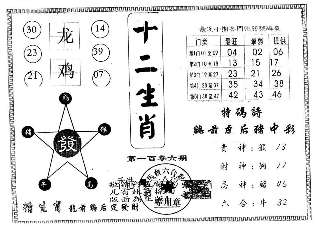 六合彩106期另版十二生肖(黑白)