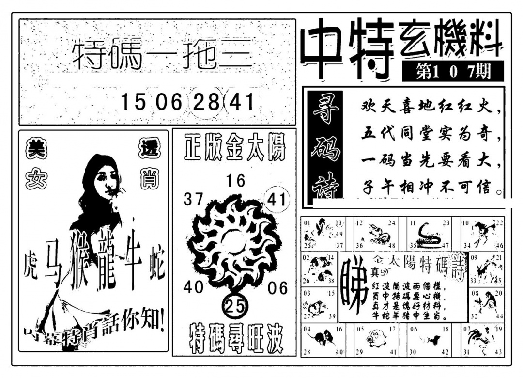 六合彩107期中特玄机料(新图)(黑白)
