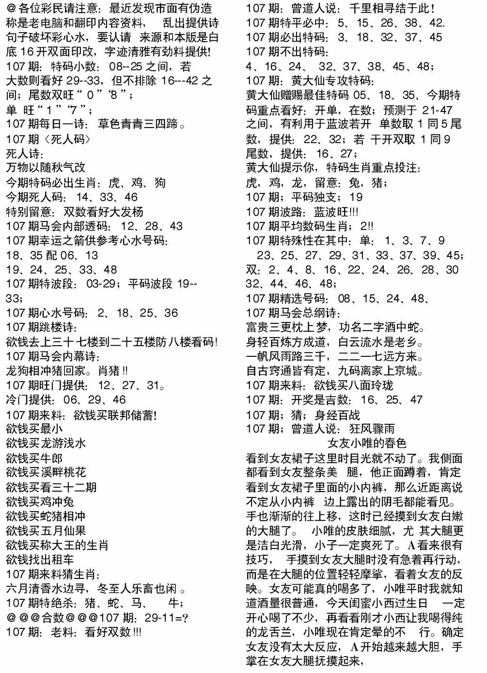 六合彩107期当日电脑综合资料B(黑白)