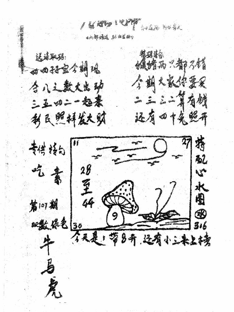 六合彩107期香港九龙传真3(手写版)(黑白)
