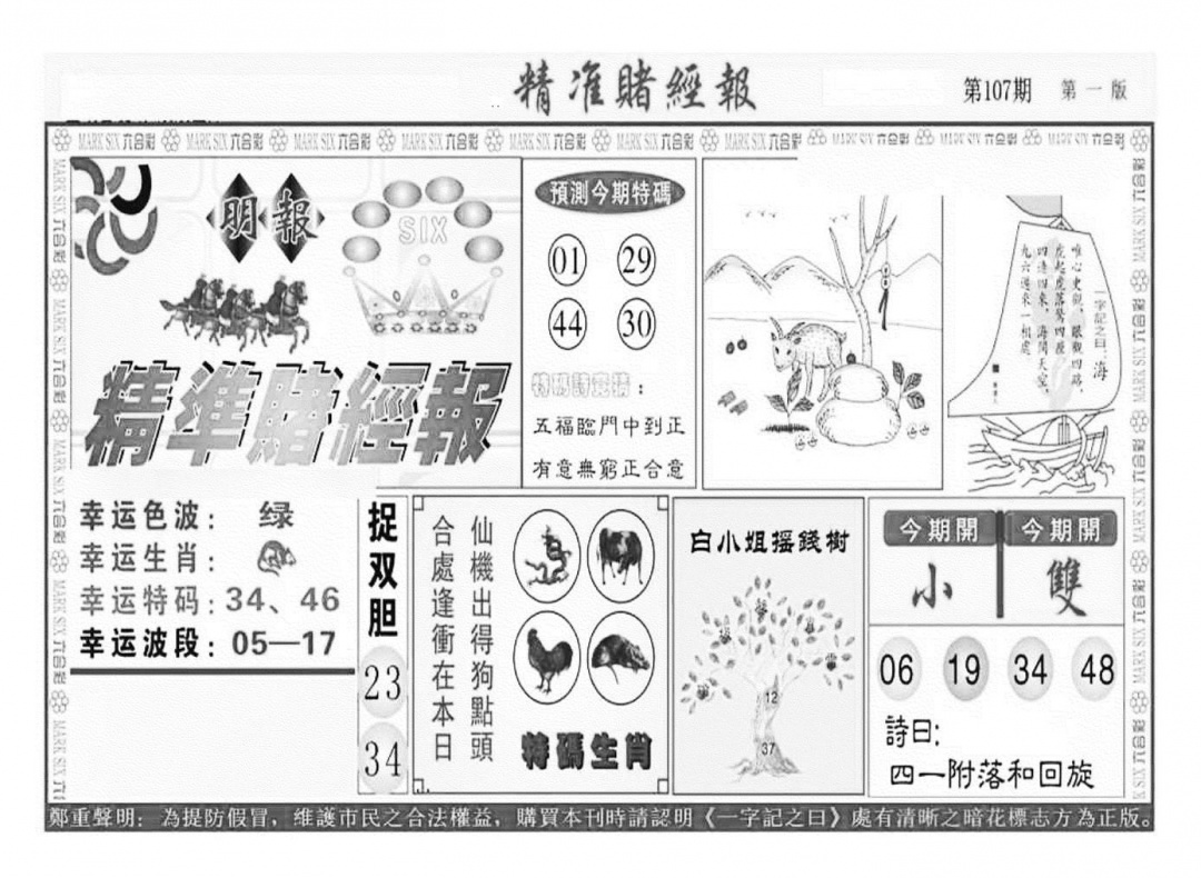 六合彩107期精准赌经报A（新图）(黑白)