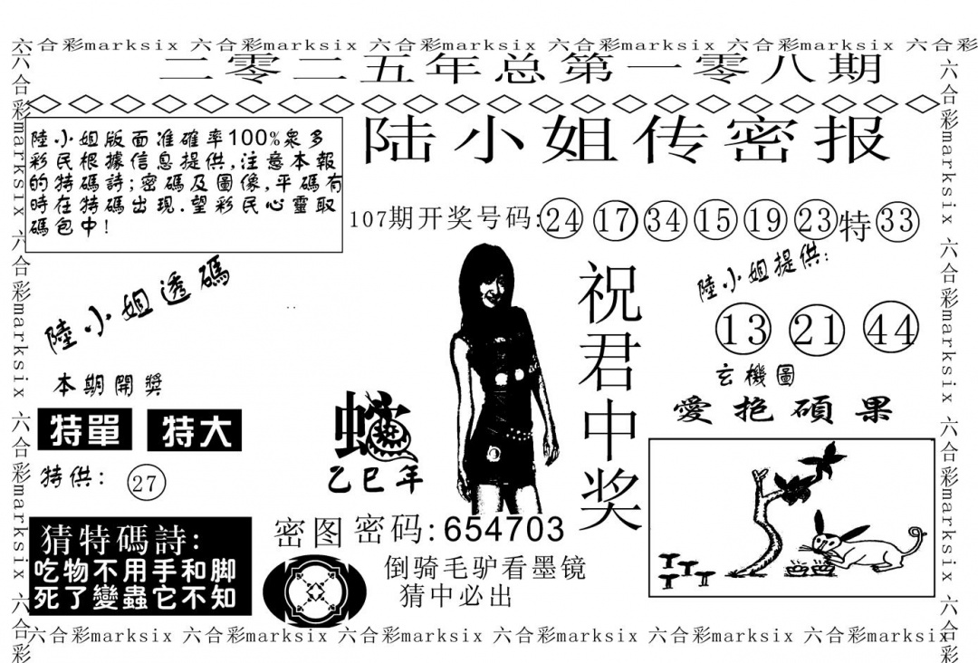 六合彩108期陆小姐传密A(黑白)