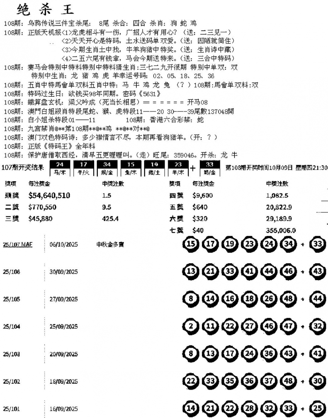 六合彩108期蓝天报B(黑白)