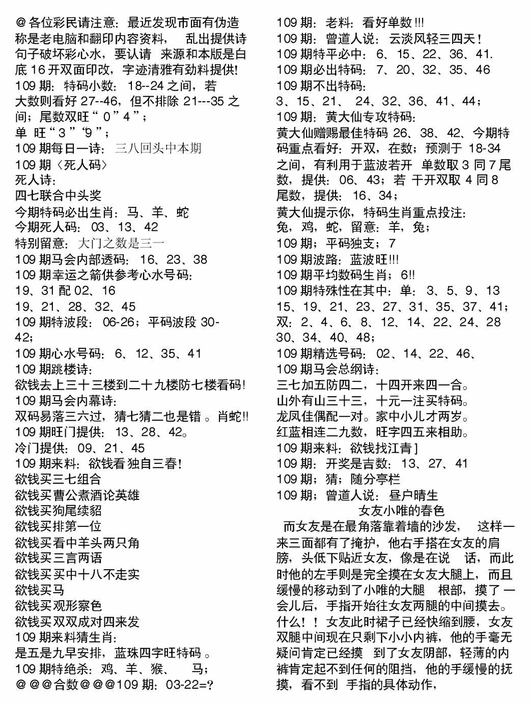 六合彩109期当日电脑综合资料B(黑白)
