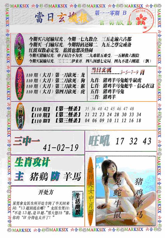 六合彩110期当日特码玄机B(新)(黑白)