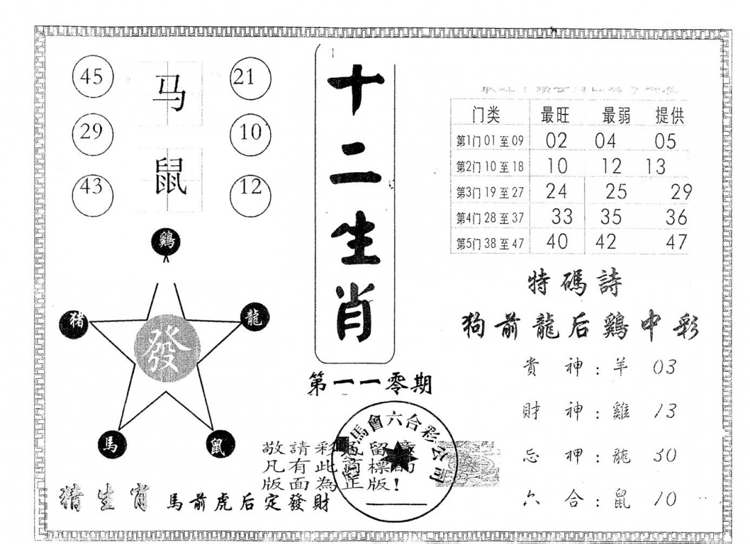 六合彩110期另版十二生肖(黑白)