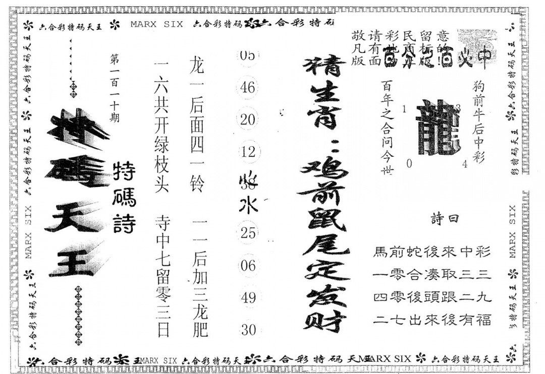 六合彩110期另版特码天王(黑白)