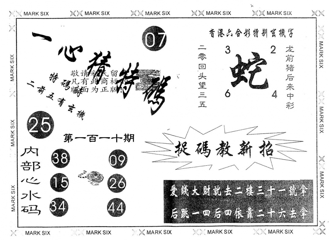 六合彩110期另版一心猜特码(黑白)