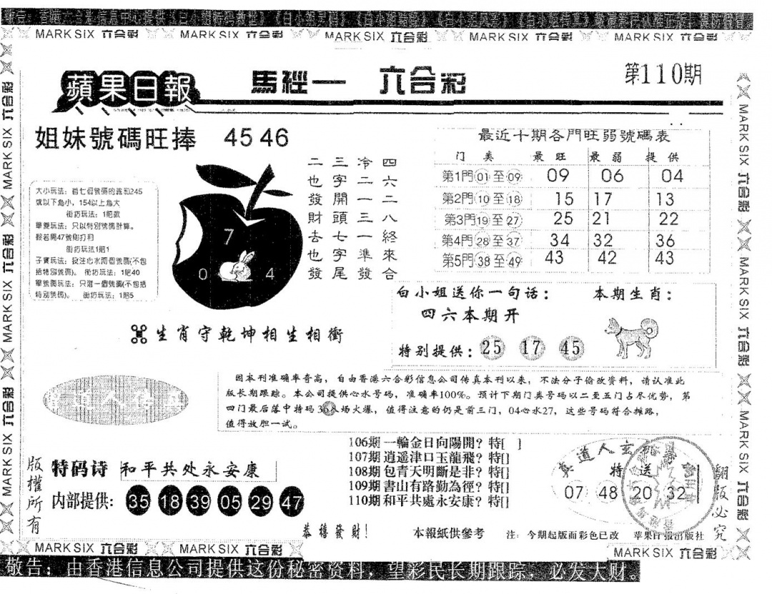 六合彩110期苹果日报A(黑白)
