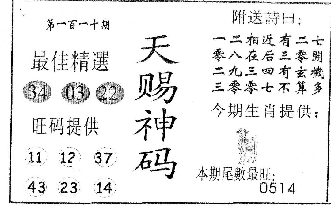 六合彩110期天赐神码(黑白)
