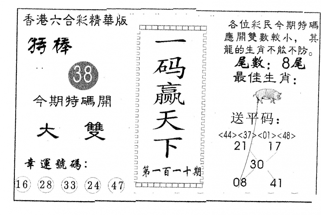 六合彩110期一码赢天下(黑白)