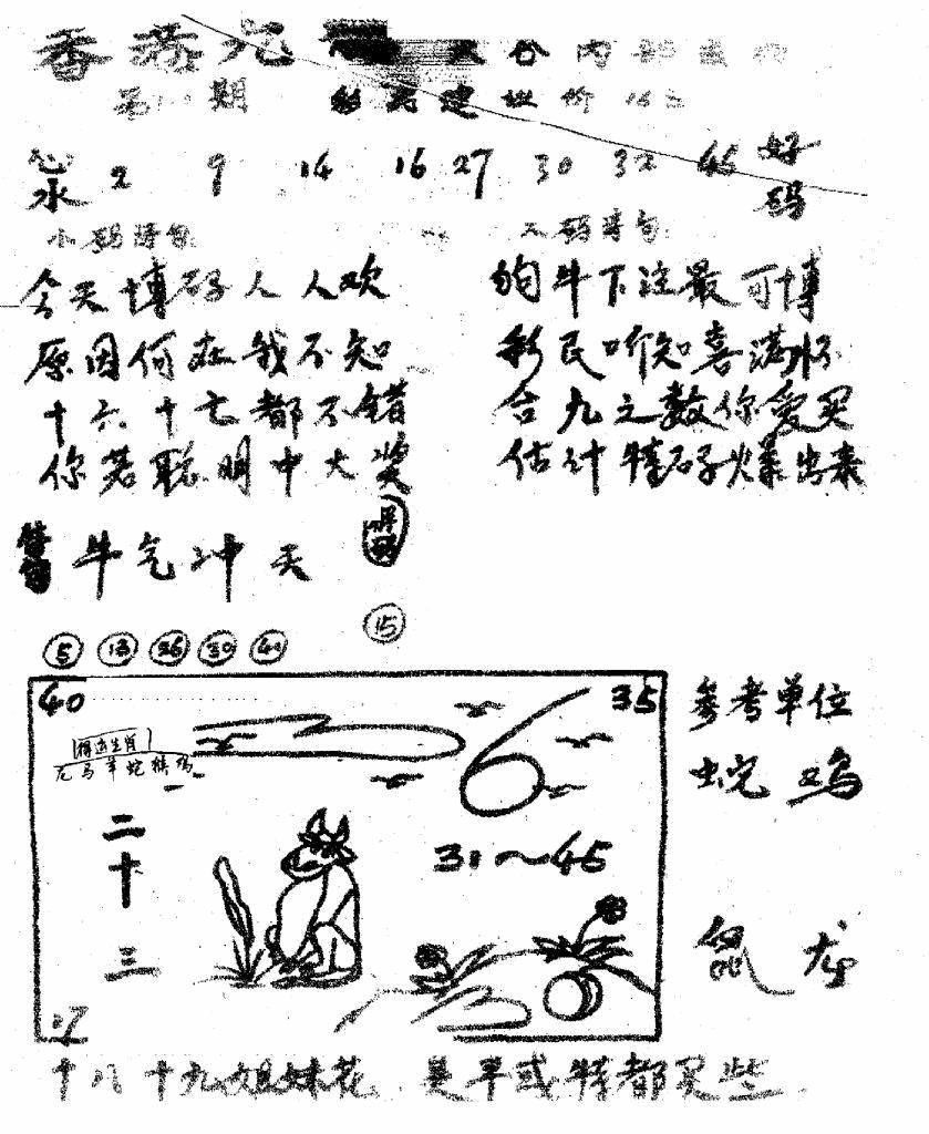 六合彩110期香港九龙传真1(手写版)(黑白)