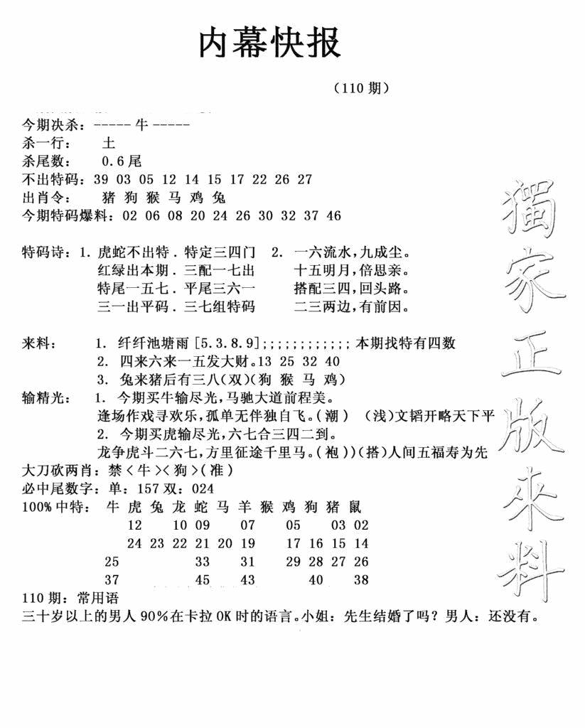 六合彩110期内幕快报(新图)(黑白)