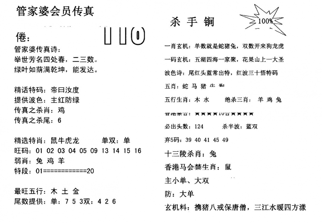 六合彩110期管家婆会员传真(黑白)
