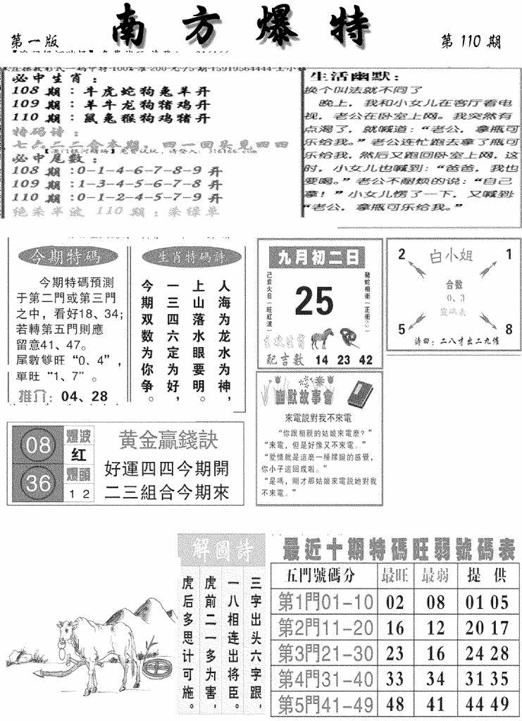 六合彩110期南方爆特A(新图)(黑白)