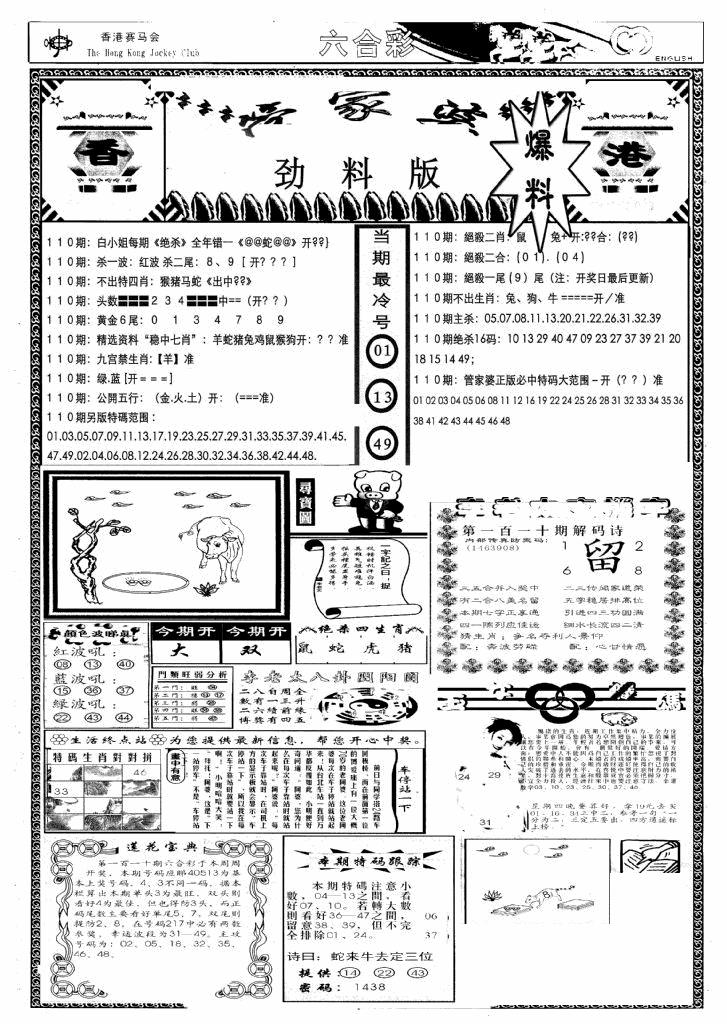 六合彩110期管家婆劲料版(新)(黑白)