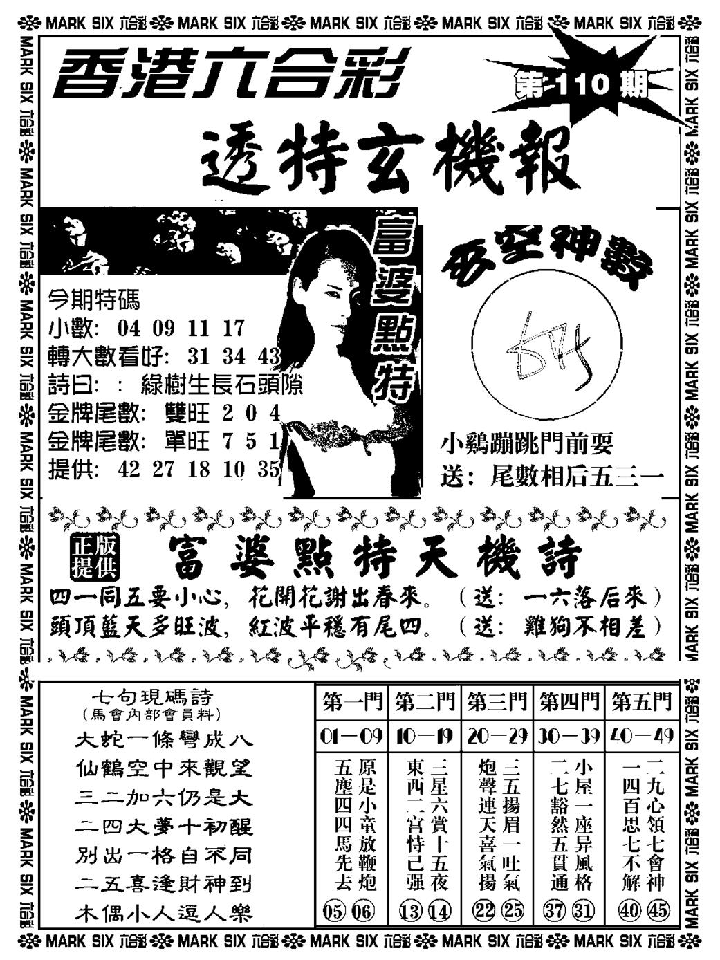 六合彩110期透特玄机报(新料)(黑白)