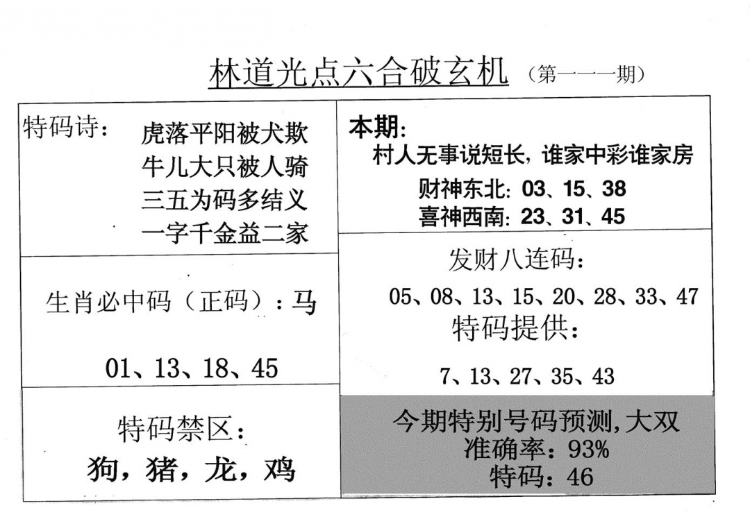 六合彩111期老林道光(黑白)