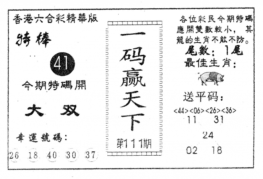六合彩111期一码赢天下(黑白)