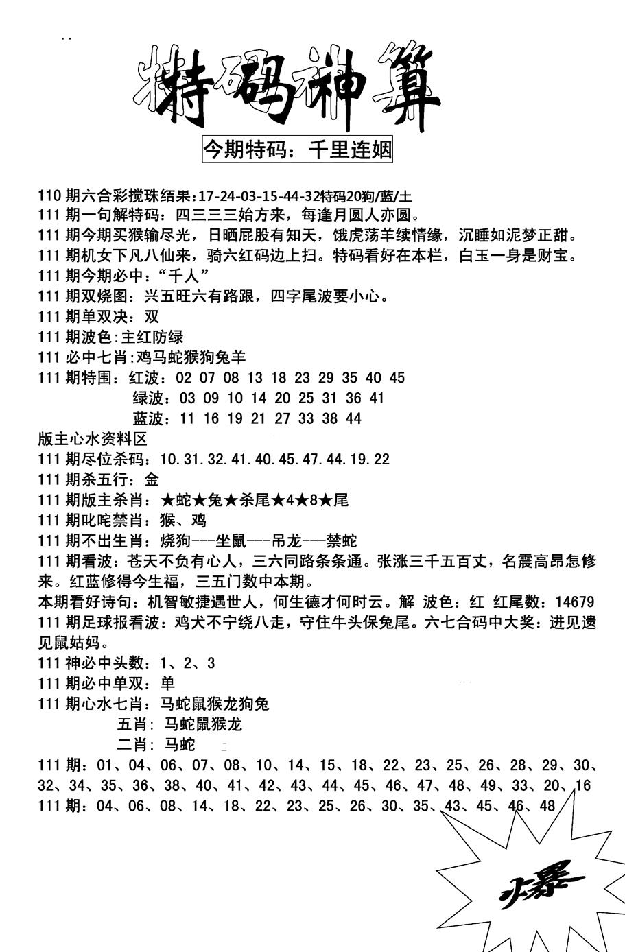 六合彩111期特码神算(新图)(黑白)
