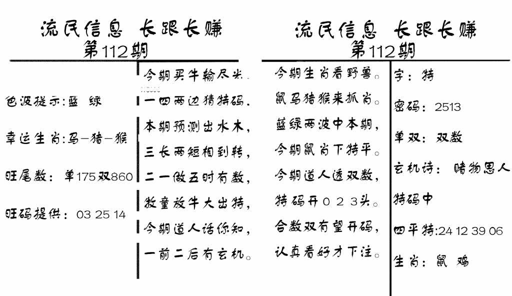 六合彩112期流民信息(黑白)