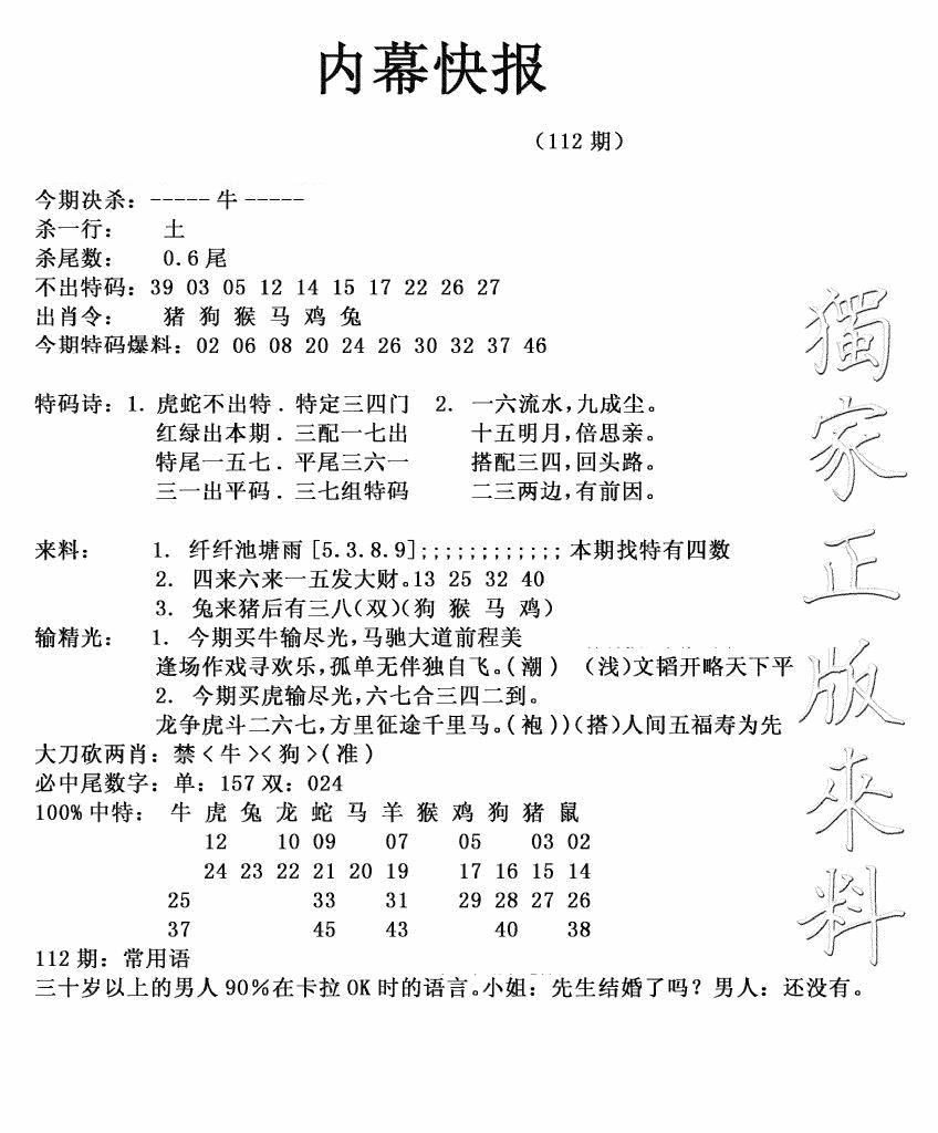 六合彩112期内幕快报(新图)(黑白)