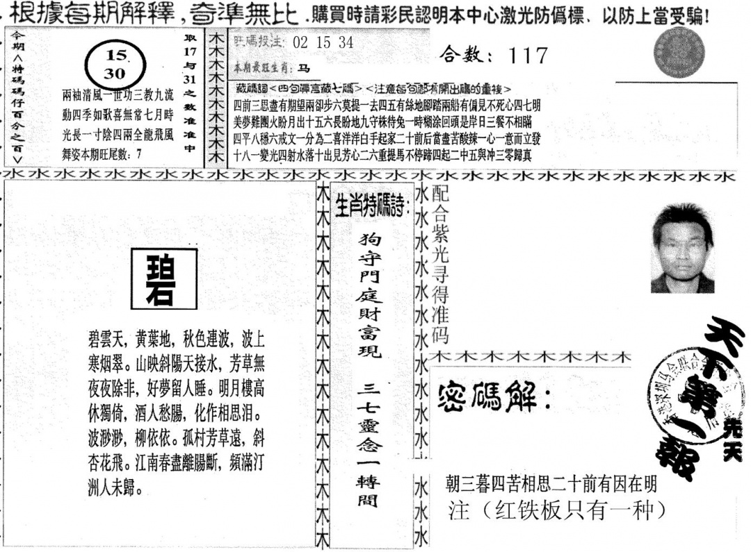 六合彩113期另版红铁板(黑白)