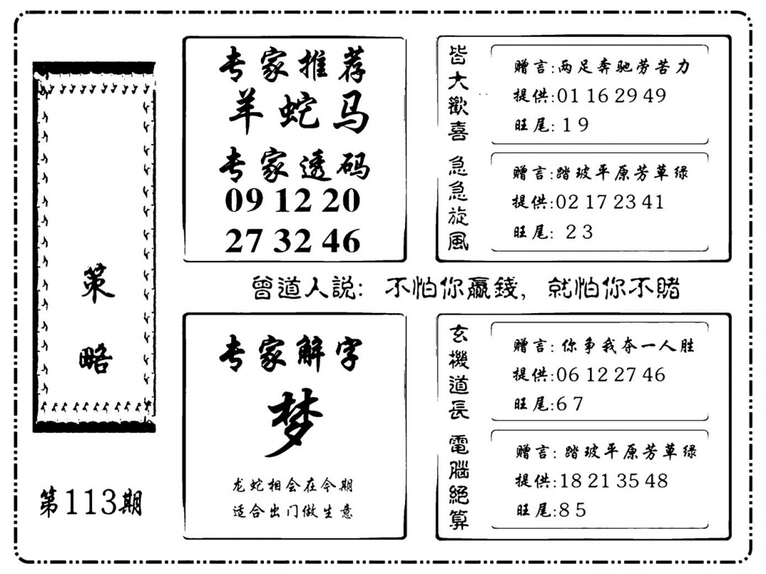 六合彩113期诸葛策略(新图)(黑白)